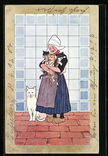 Künstler-AK niederländisches Mädchen mit drei Katzen auf dem Arm