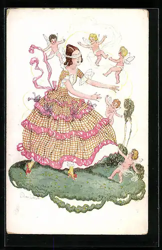 Künstler-AK Plantikow: Junge Frau spielt mit Putten Blinde Kuh