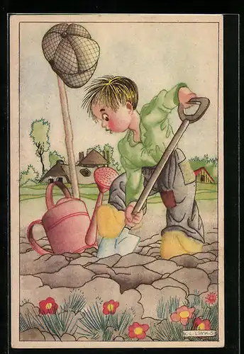Künstler-AK Karel L. Links: Junge bei anstrengender Gartenarbeit