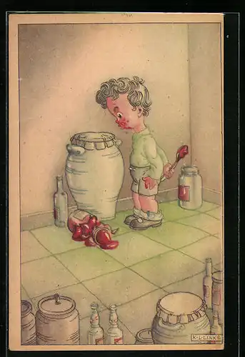 Künstler-AK Karel L. Links: Kleiner Junge beim Naschen von Marmelade