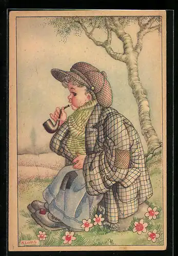 Künstler-AK Karel L. Links: Junge in einer karierten Jacke mit Mütze und Tabakpfeife
