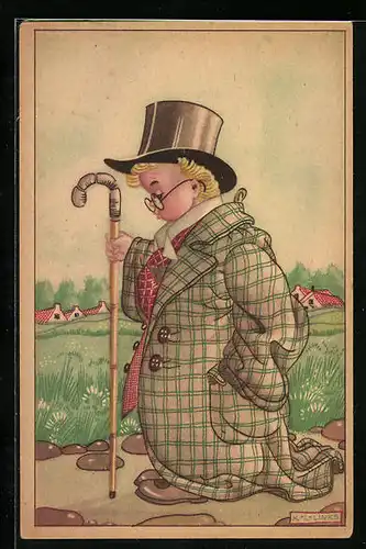 Künstler-AK Karel L. Links: Junge mit zu grossem karierten Mantel, Zylinder und Gehstock