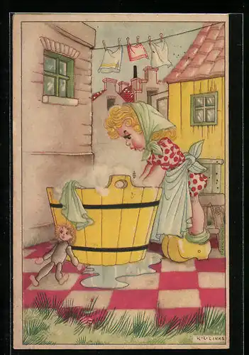 Künstler-AK Karel L. Links: Junges Mädchen mit Kopftuch beim Wäschewaschen