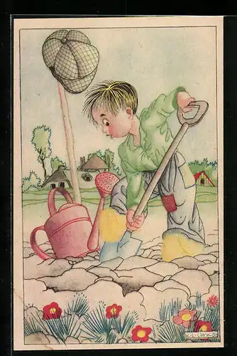 Künstler-AK Karel L. Links: Junge mit Spaten bei der Gartenarbeit