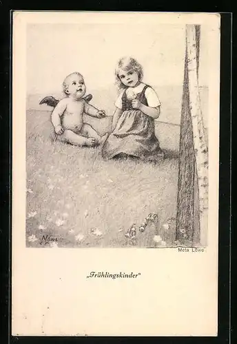 Künstler-AK Meta Löwe: Frühlingskinder-Kleines Mädchen mit einem Engel
