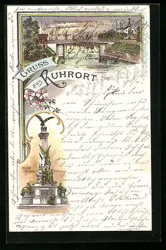 Lithographie Ruhrort, Kaiser Wilhelm-Denkmal, Eingang zum Kaiserhafen
