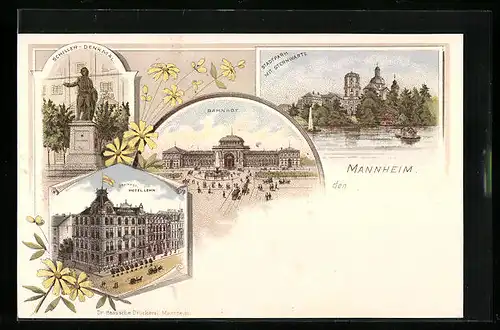 Lithographie Mannheim, Schiller-Denkmal, Bahnhof, Bahnhof-Hotel Lehn