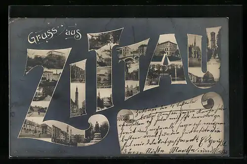 AK Zittau, Schriftzug des Ortes mit Marktplatz und Denkmal