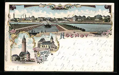 Lithographie Höchst am Main, Kath. Kirche, Schloss, Totalansicht