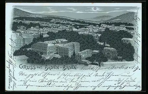 Mondschein-Lithographie Baden-Baden, Ortsansicht aus der Vogelschau