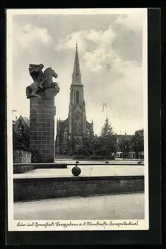 AK Bergzabern a. d. Meinstrasse, Kirche und Kriegerdenkmal