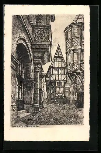 Künstler-AK Berncastel, Alte Häuser am Markt