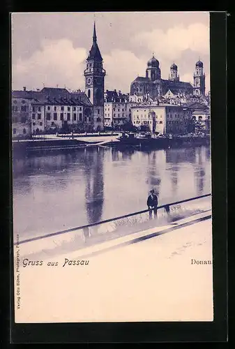 AK Passau, Donaupartie mit Kirche