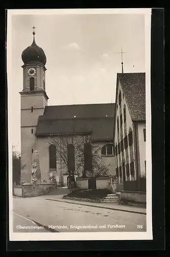 AK Oberammergau, Pfarrkirche, Kriegerdenkmal und Forsthaus
