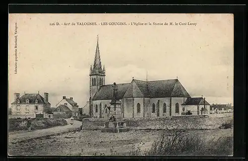 AK Valognes, Les Gougins, L`Eglise et la Statue de M. le Cure Leroy