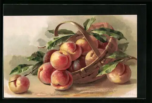 AK Stillleben Korb mit Pfirsichen, Obst