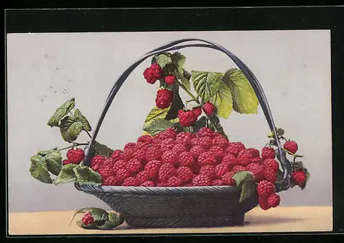 AK Stillleben Korb mit Himbeeren