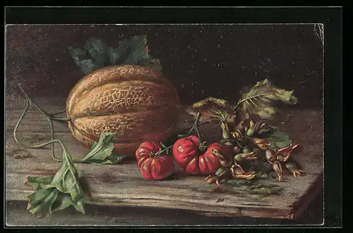 AK Stillleben Melone neben Tomaten auf dem Tisch, Obst