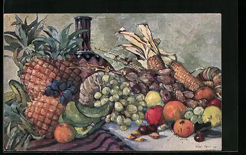 AK Ananas mit Weintrauben, Maiskolben und Äpfeln, Obst