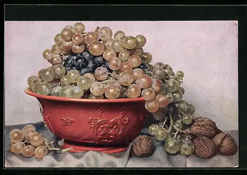 AK Schale mit Weintrauben neben Walnüssen, Obst