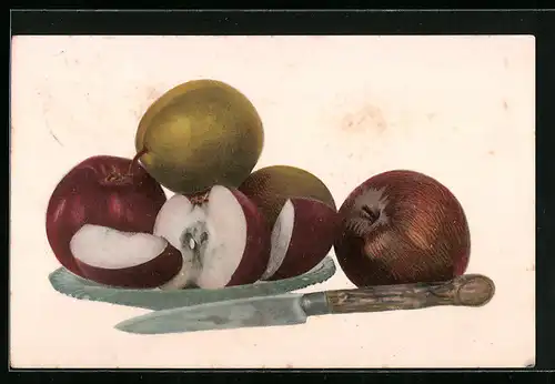 AK Stillleben Teller mit Äpfeln und Messer, Obst