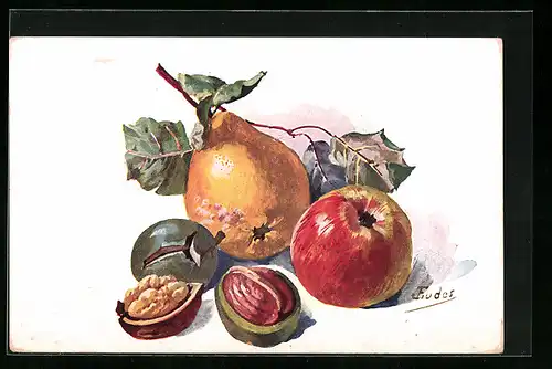 AK Stillleben Birne mit Apfel und Walnüssen, Obst