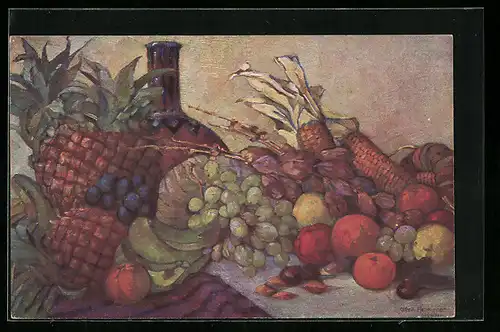 AK Flasche mit Ananas, Weintrauben und Maiskolben, Obst