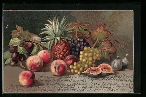 AK Ananas mit Weintrauben, Pfirsichen und Pflaumen, Obst