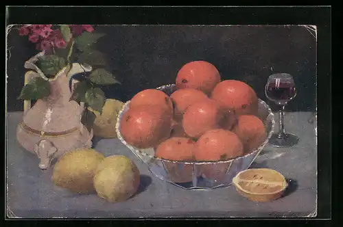 AK Schale mit Orangen neben Weinglas und Zitronen, Obst
