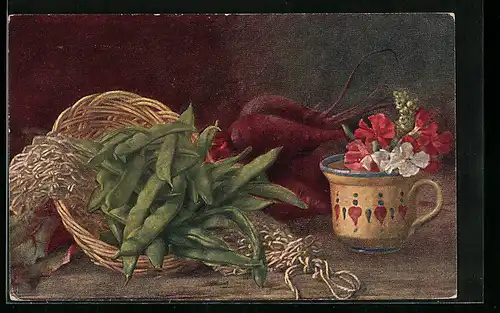 AK Korb mit Bohnen neben roten Rüben und Tasse mit Blumen