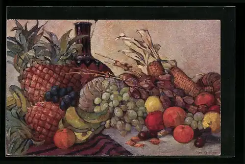 AK Flasche mit Ananas, Weintrauben und Äpfeln, Obst