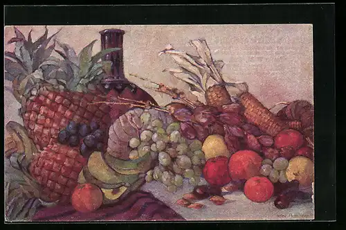 AK Flasche mit Ananas, Weintrauben und Äpfeln, Obst