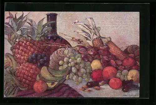 AK Flasche mit Ananas, Weintrauben und Äpfeln, Obst