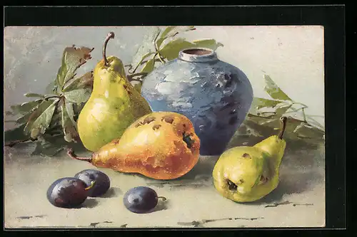 AK Vase mit Birnen und Pflaumen, Obst