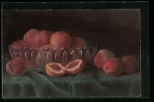 AK Schale mit Pfirsichen auf einem Tisch, Obst
