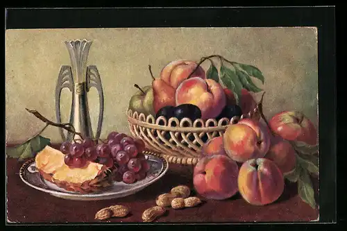 AK Korb mit Pfirsichen, Äpfeln und Pflaumen, Obst