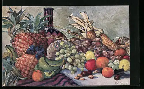AK Flasche mit Ananas, Weintrauben, Maiskolben und Äpfeln, Obst