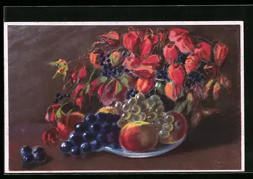 AK Teller mit Weintrauben und Pfirsischen, Obst