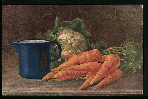 AK Kanne mit Blumenkohl und Mohrrüben