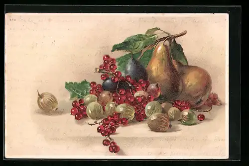 AK Birnen mit Pflaumen, Stachelbeeren und Preiselbeeren, Obst