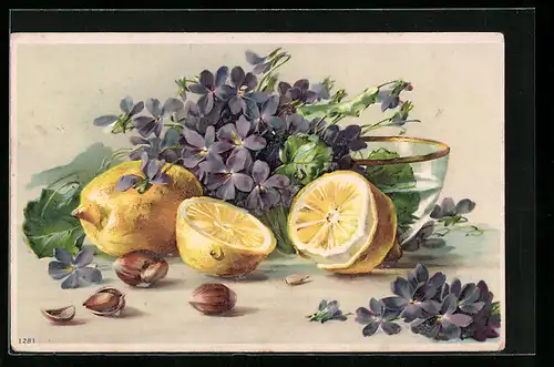 AK Schale mit Veilchen neben Zitronen und Haselnüssen, Obst