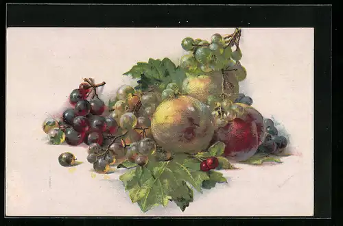 AK Pfirsiche neben Weintrauben, Obst