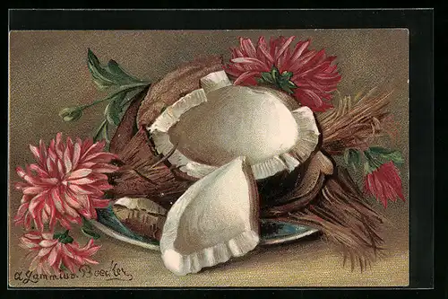 AK Kokosnuss auf einem Teller mit Blumen, Obst