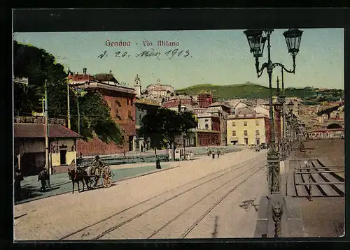 AK Genova, Via Milano, Ortspartie mit Bahngleisen