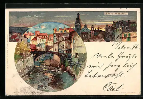 Künstler-AK San Remo, Teilansicht mit Brücke