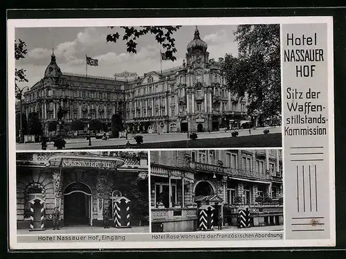 AK Wiesbaden, Hotel Nassauer Hof, Eingang, Hotel Rose, Wohnsitz der französischen Abordnung