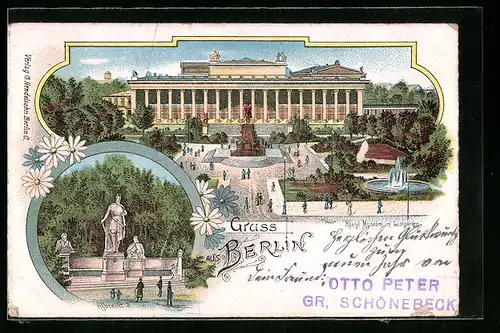Lithographie Berlin, Königliches Museum im Lustgarten, Statue Albrecht II.
