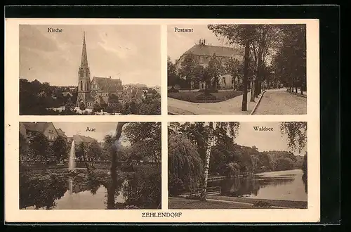 AK Berlin-Zehlendorf, Kirche, Postamt, Aue und Waldsee