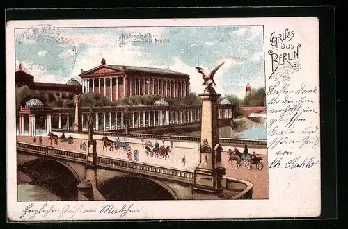 Lithographie Berlin, Nationalgalerie und Kaiser Friedrich Brücke