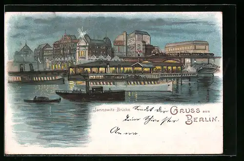 Lithographie Berlin, Jannowitz-Brücke, Dampfer auf der Spree